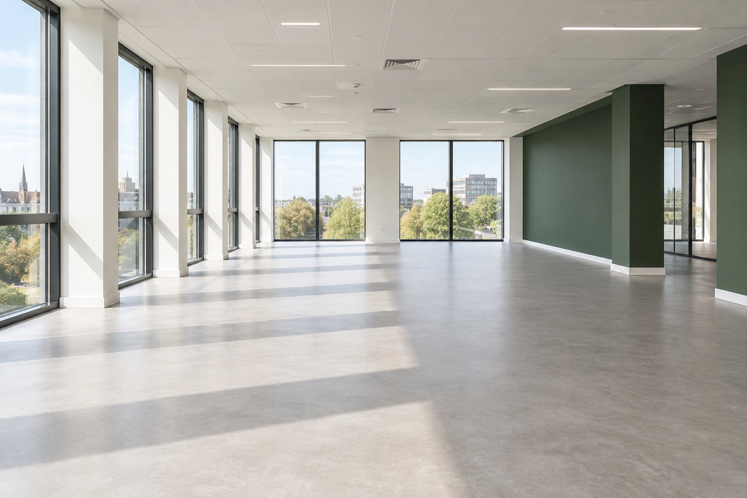 Illustration of a bright cleared office with open floor space