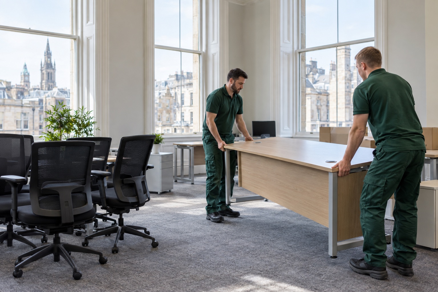 Illustration of an office clearance crew moving a desk in a Glasgow-style office